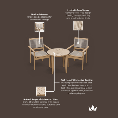 Roma Outdoor 2 Seater Round Bistro Table and Stacking Chairs - Beige - DUSK