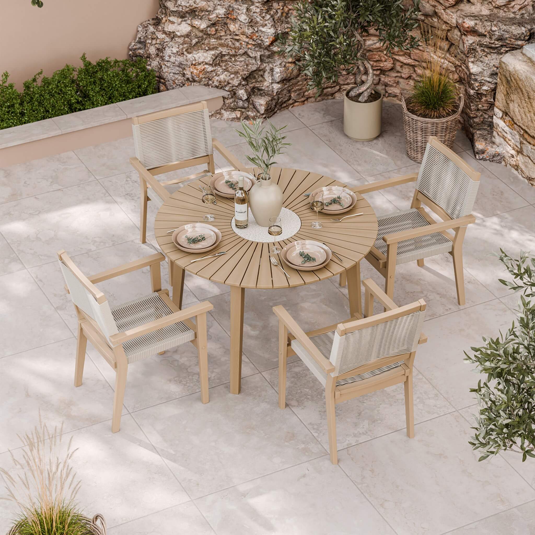 Roma Outdoor 4 Seater Round Bistro Table and Stacking Chairs - Beige - DUSK