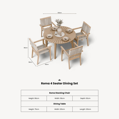 Roma Outdoor 4 Seater Round Bistro Table and Stacking Chairs - Beige - DUSK