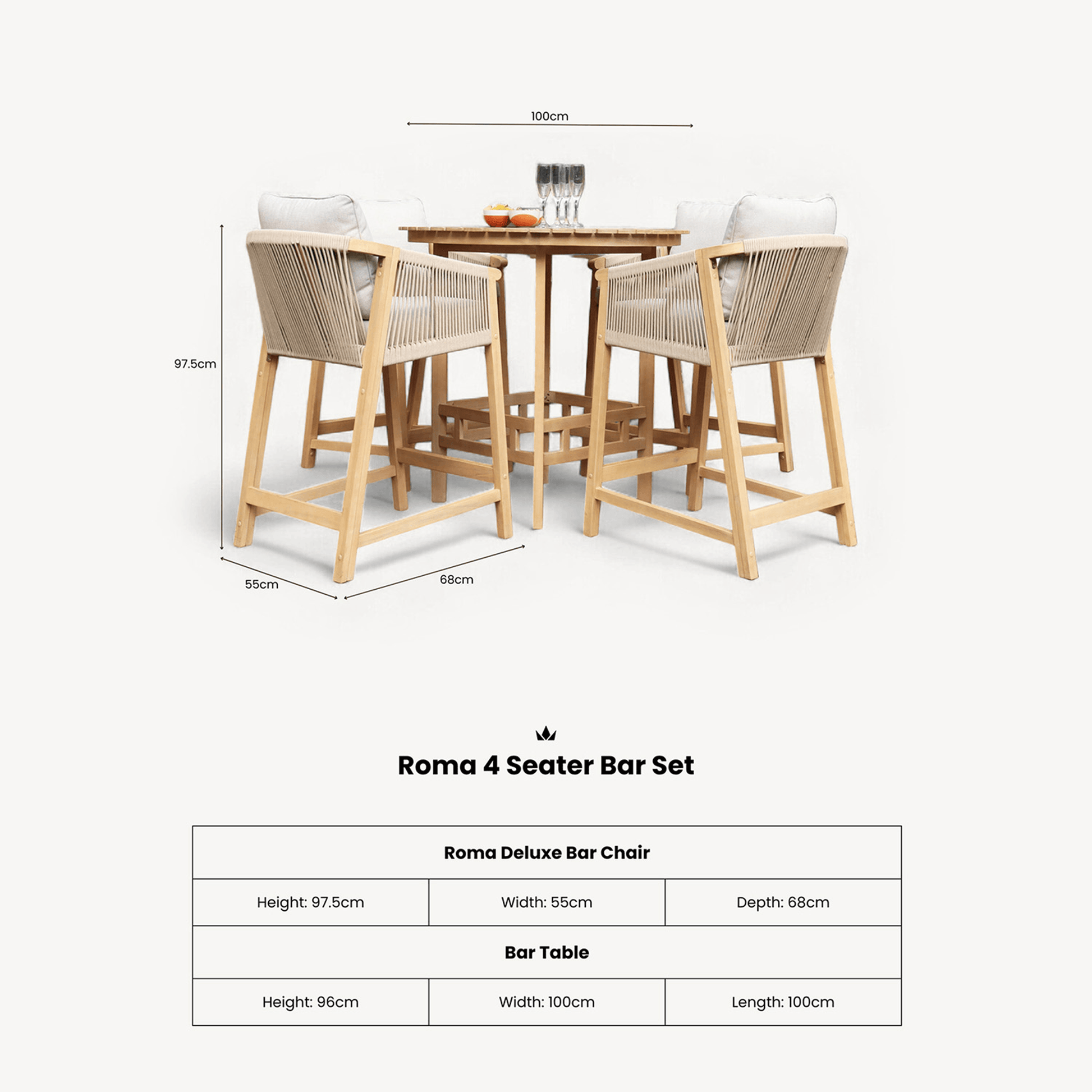 Roma Outdoor 4 Seater Round High Bar Table and Deluxe Barstools - Beige - DUSK