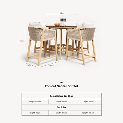 Roma Outdoor 4 Seater Round High Bar Table and Deluxe Barstools - Beige - DUSK