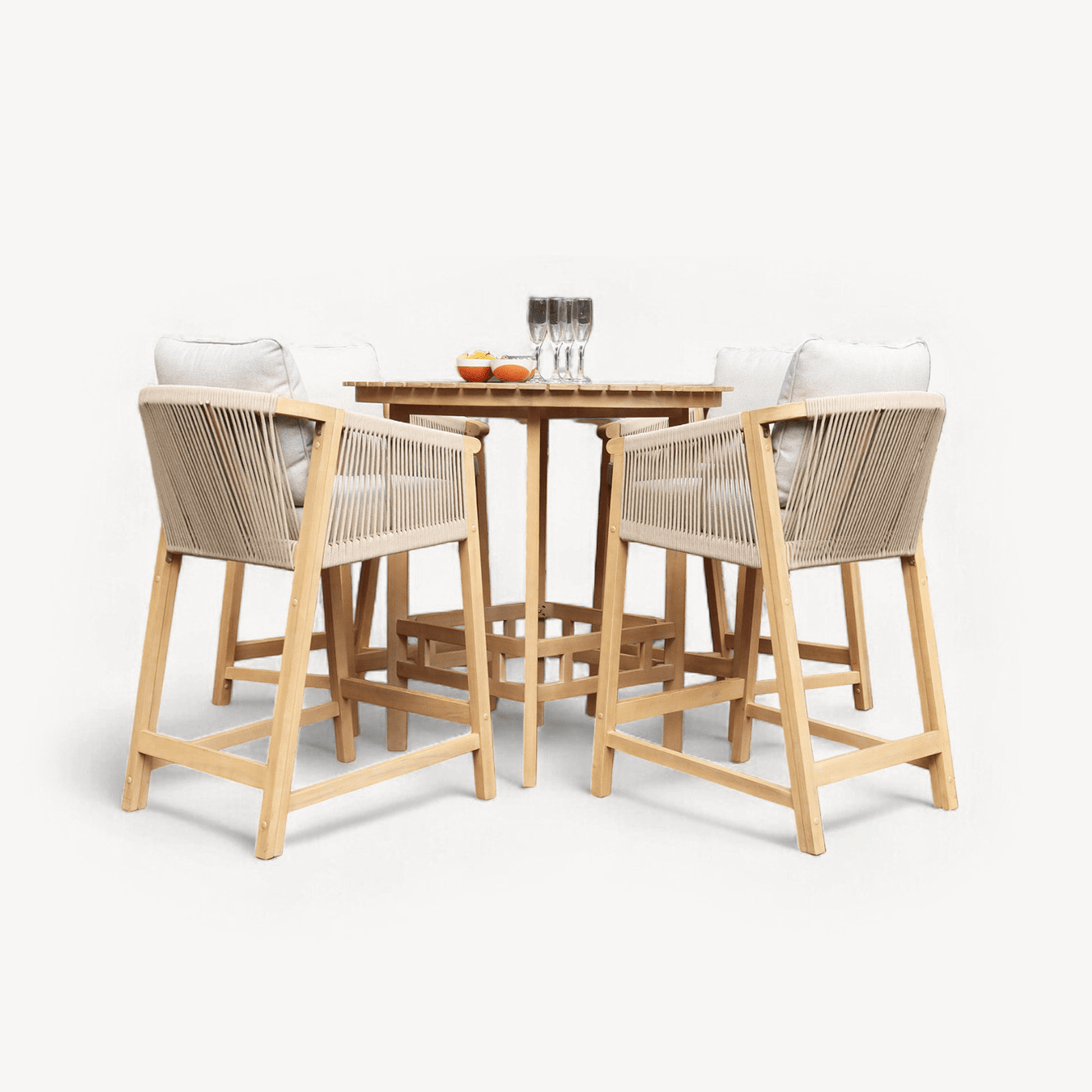 Roma Outdoor 4 Seater Round High Bar Table and Deluxe Barstools - Beige - DUSK