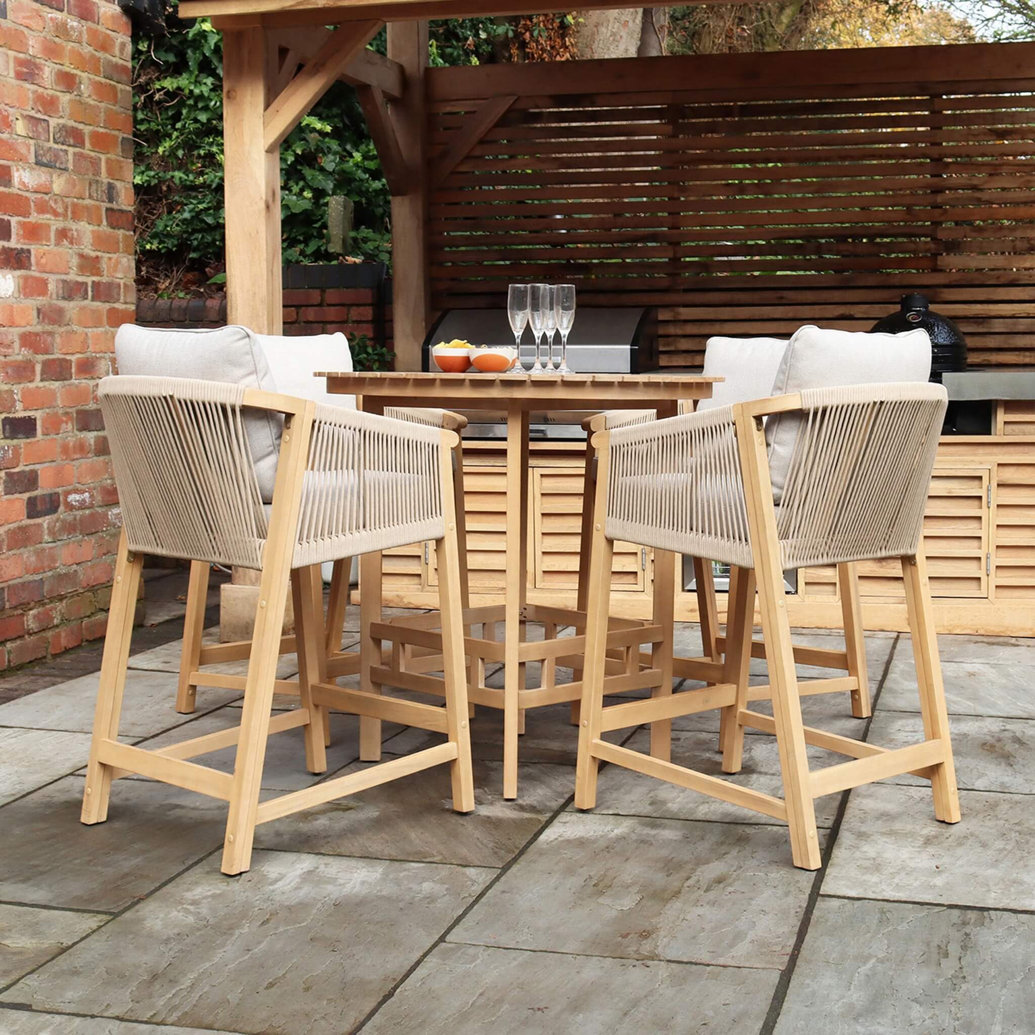 Roma Outdoor 4 Seater Round High Bar Table and Deluxe Barstools - Beige - DUSK