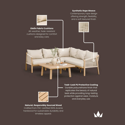 Roma Outdoor 5 Seater Corner Lounge Set with Square Coffee Table - Beige - DUSK