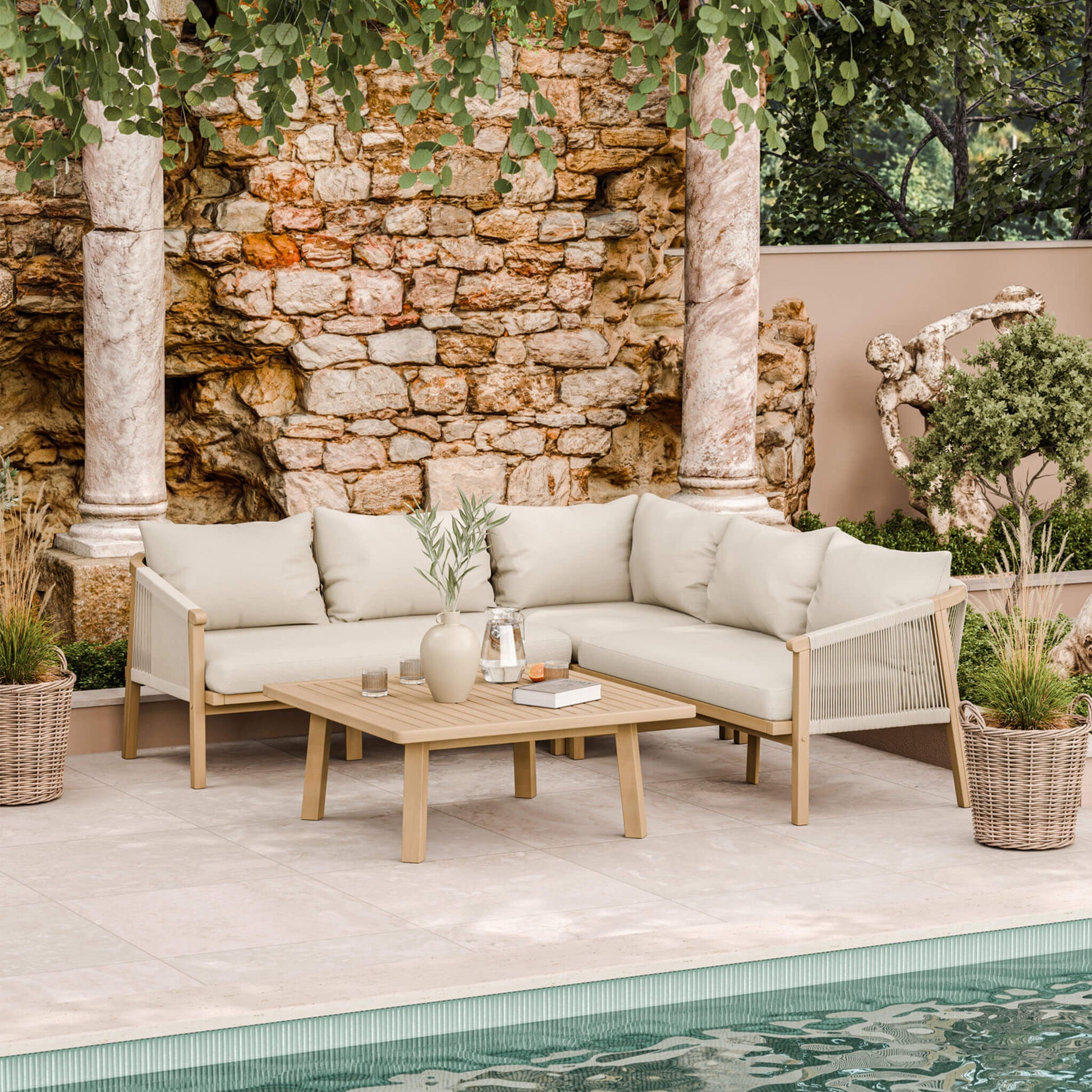 Roma Outdoor 5 Seater Corner Lounge Set with Square Coffee Table - Beige - DUSK