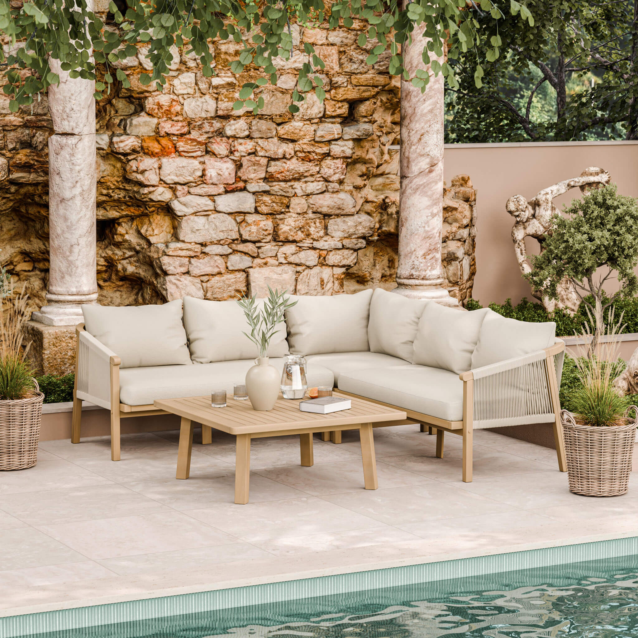 Roma Outdoor 5 Seater Corner Lounge Set with Square Coffee Table - Beige - DUSK
