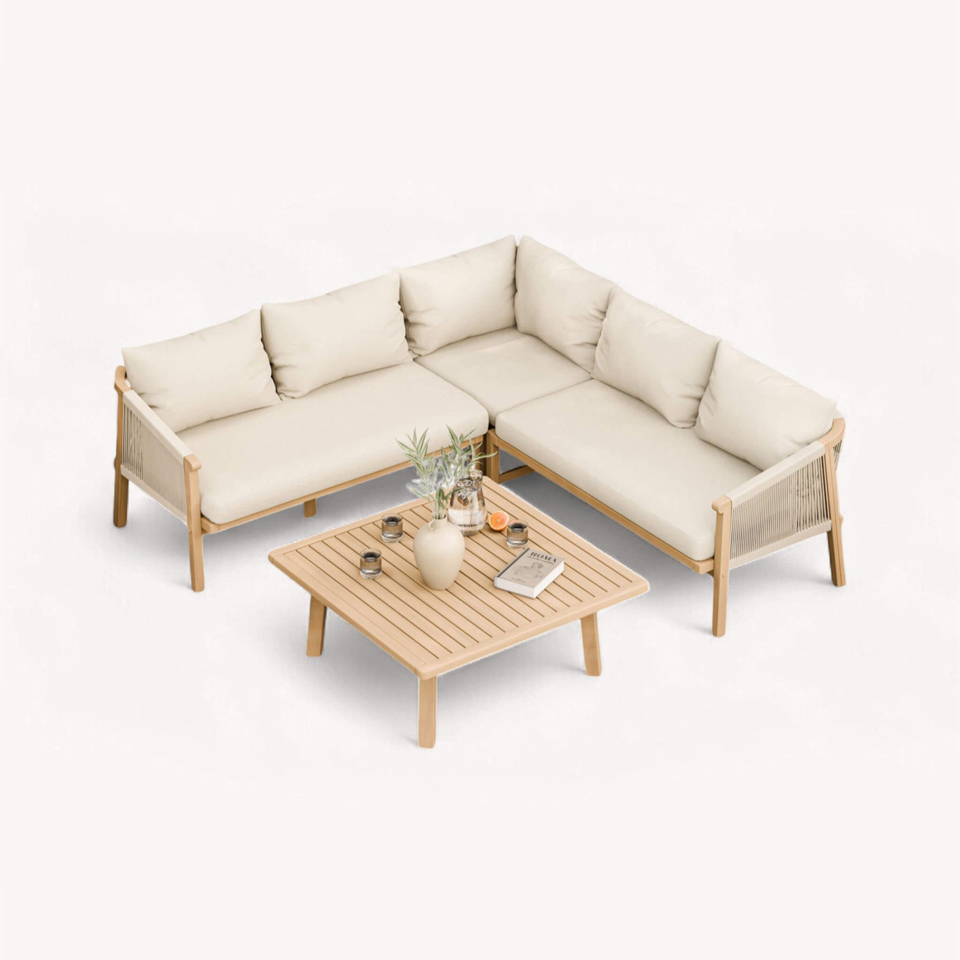 Roma Outdoor 5 Seater Corner Lounge Set with Square Coffee Table - Beige - DUSK