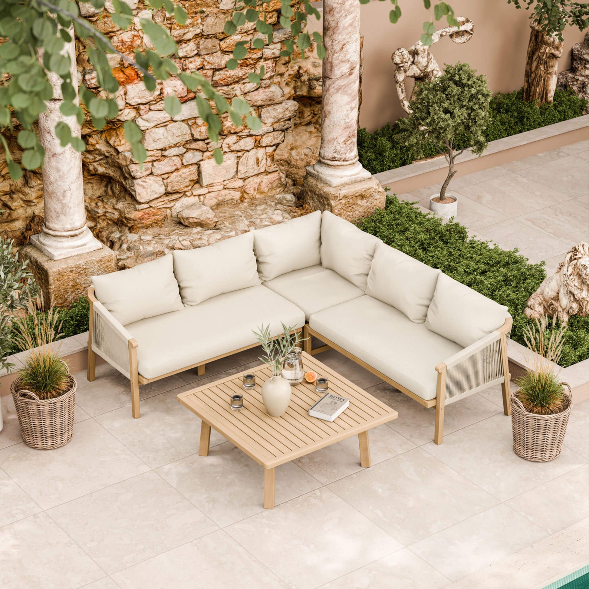 Roma Outdoor 5 Seater Corner Lounge Set with Square Coffee Table - Beige - DUSK