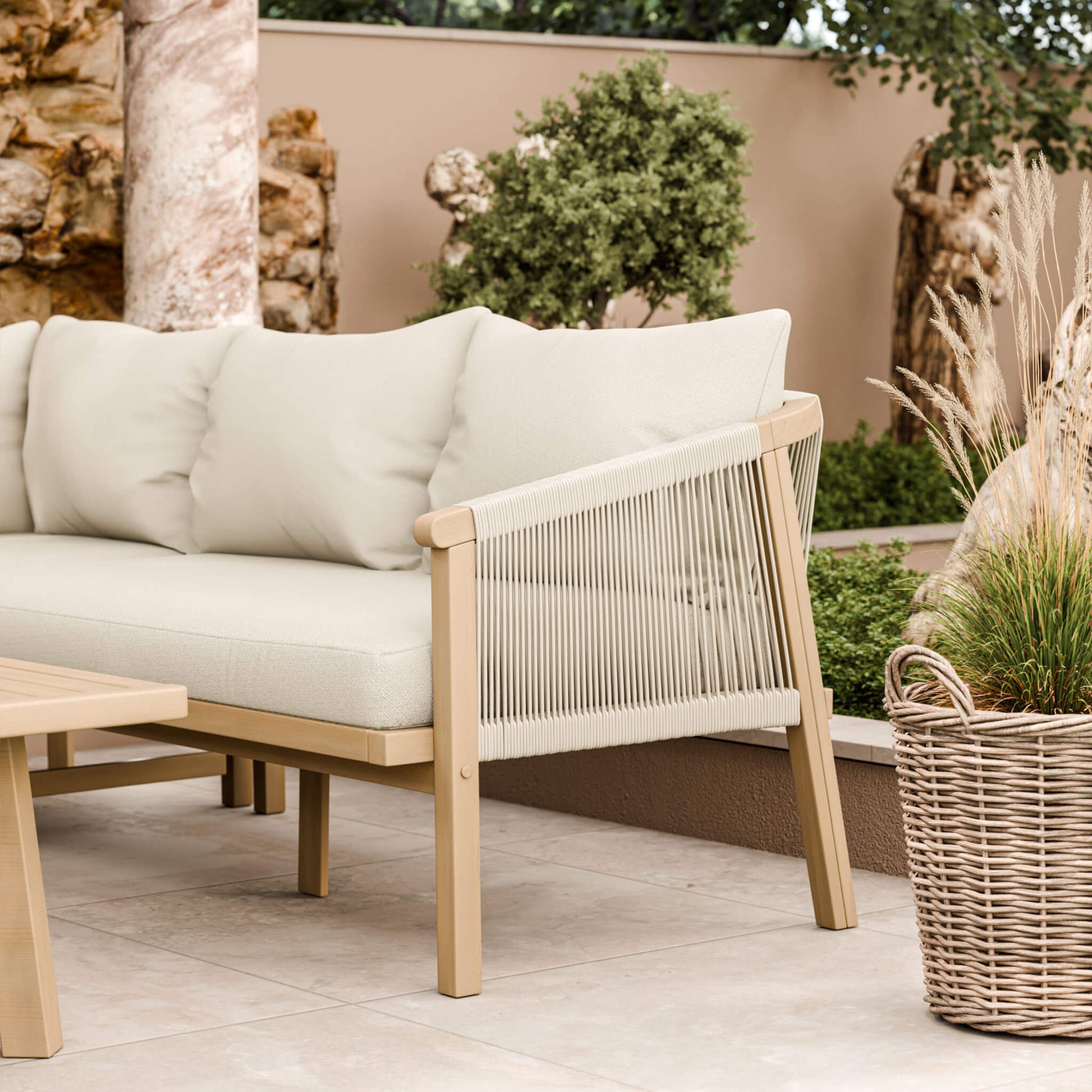 Roma Outdoor 5 Seater Corner Lounge Set with Square Coffee Table - Beige - DUSK