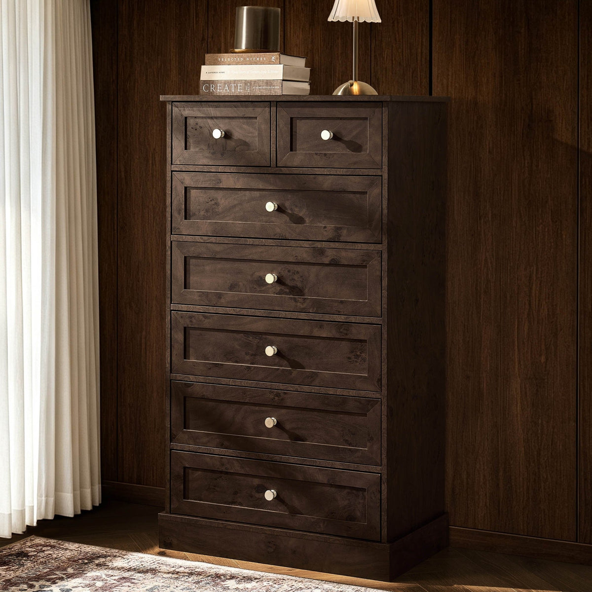 Ruby 7 Drawer Tall Chest - Dark Burl Effect - DUSK