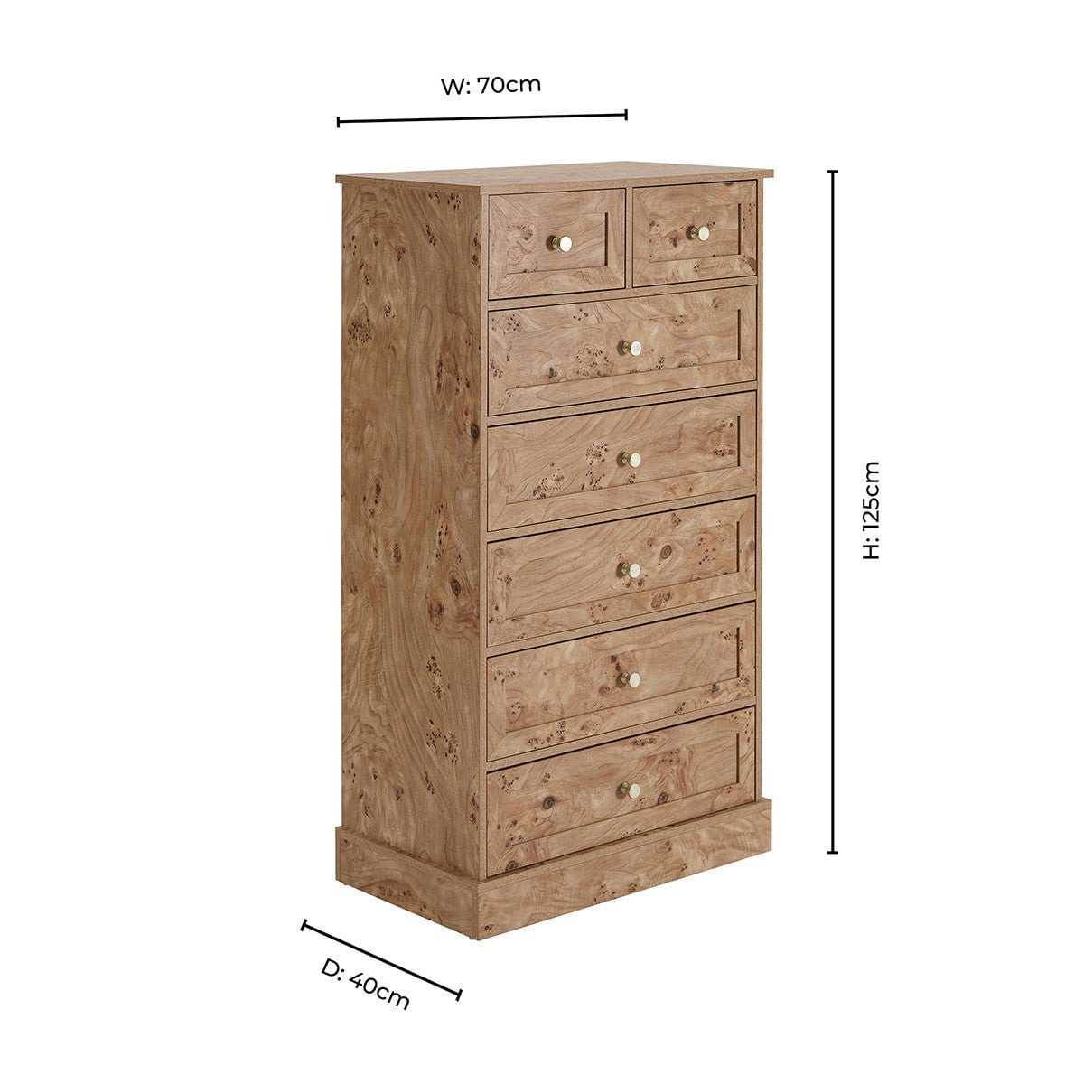Ruby 7 Drawer Tall Chest - Light Burl Effect - DUSK