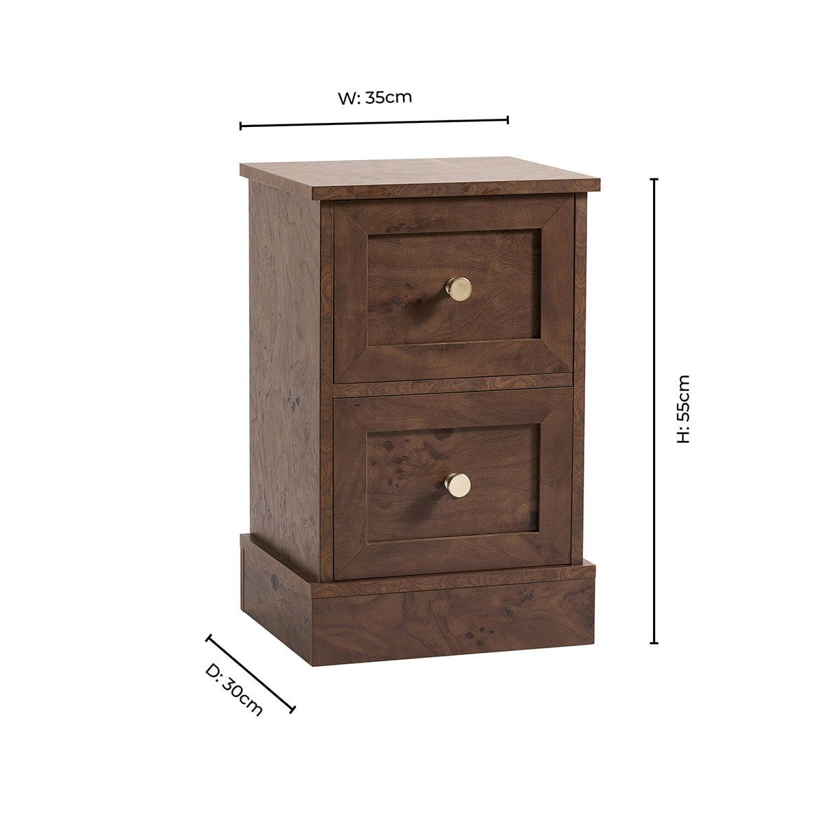 Ruby Compact 2 Drawer Bedside Table - Dark Burl Effect - DUSK