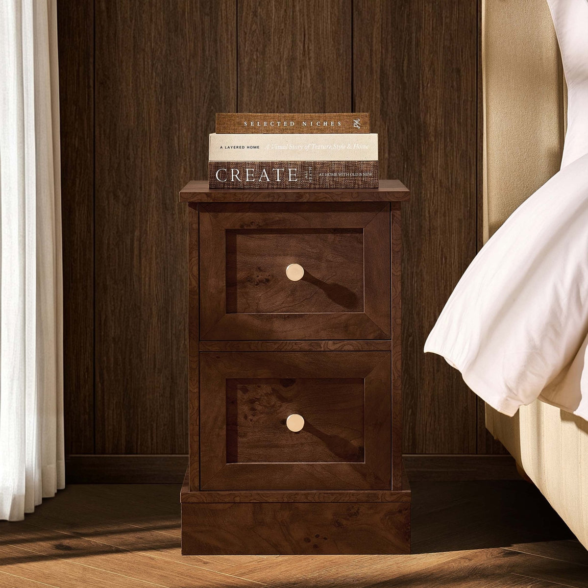Ruby Compact 2 Drawer Bedside Table - Dark Burl Effect - DUSK