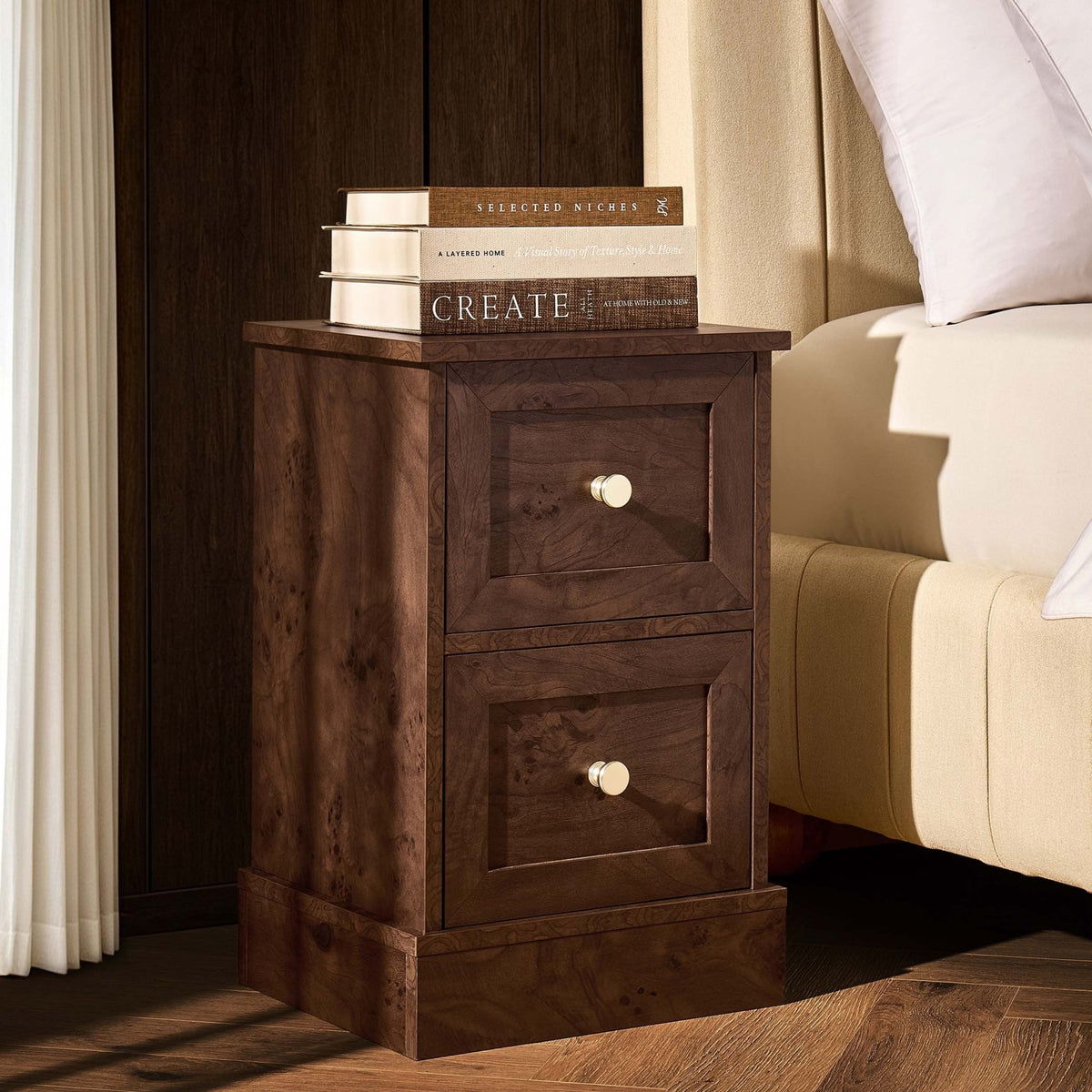 Ruby Compact 2 Drawer Bedside Table - Dark Burl Effect - DUSK