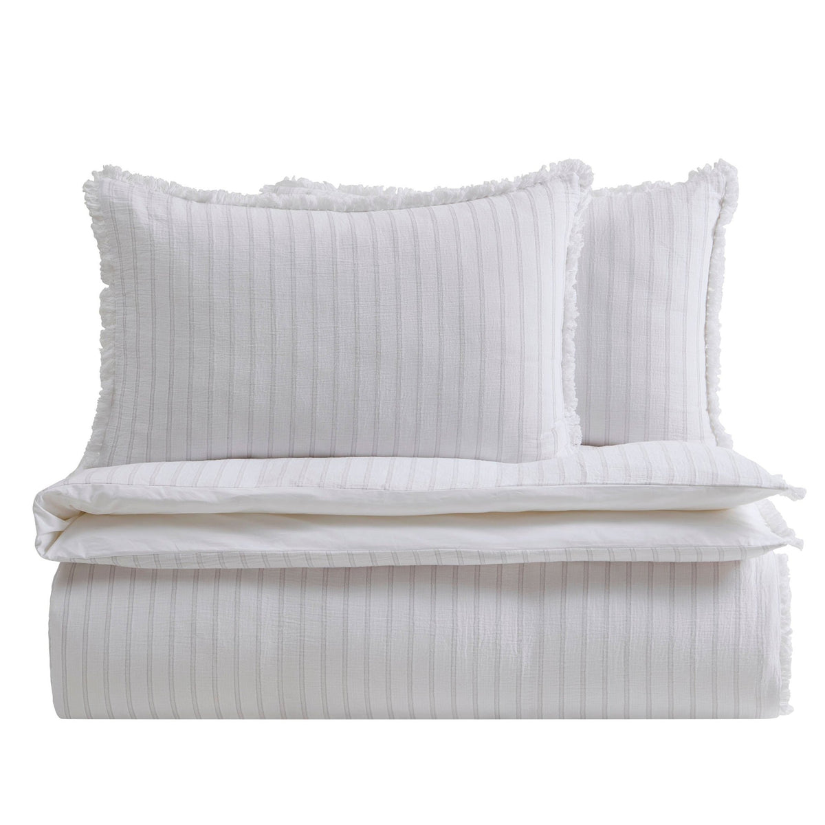Saffi 200 Thread Count Stripe Frilled Egde Duvet Cover & Pillowcase Set - White/Grey - DUSK
