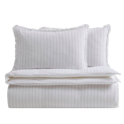 Saffi 200 Thread Count Stripe Frilled Egde Duvet Cover & Pillowcase Set - White/Grey - DUSK