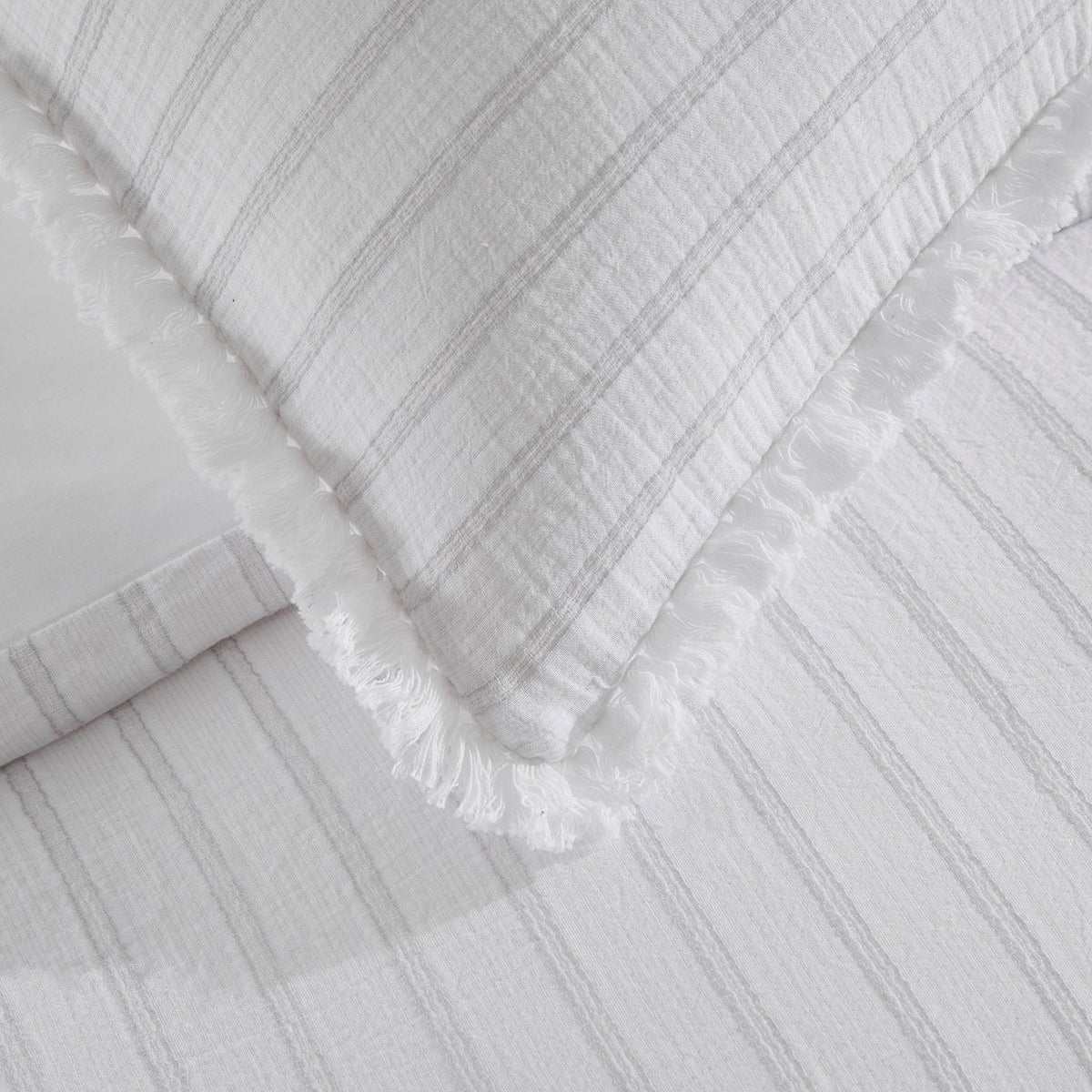 Saffi 200 Thread Count Stripe Frilled Egde Duvet Cover & Pillowcase Set - White/Grey - DUSK