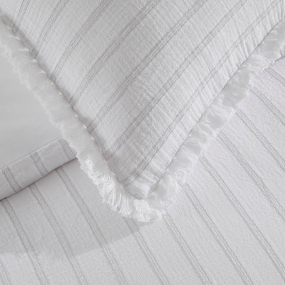 Saffi 200 Thread Count Stripe Frilled Egde Duvet Cover & Pillowcase Set - White/Grey - DUSK
