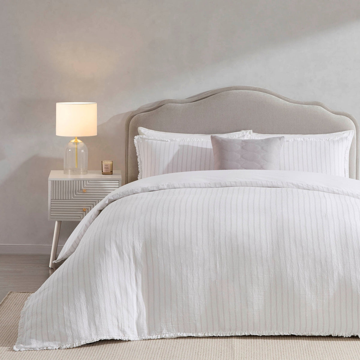 Saffi 200 Thread Count Stripe Frilled Egde Duvet Cover & Pillowcase Set - White/Grey - DUSK