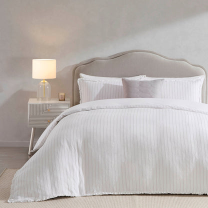 Saffi 200 Thread Count Stripe Frilled Egde Duvet Cover & Pillowcase Set - White/Grey - DUSK