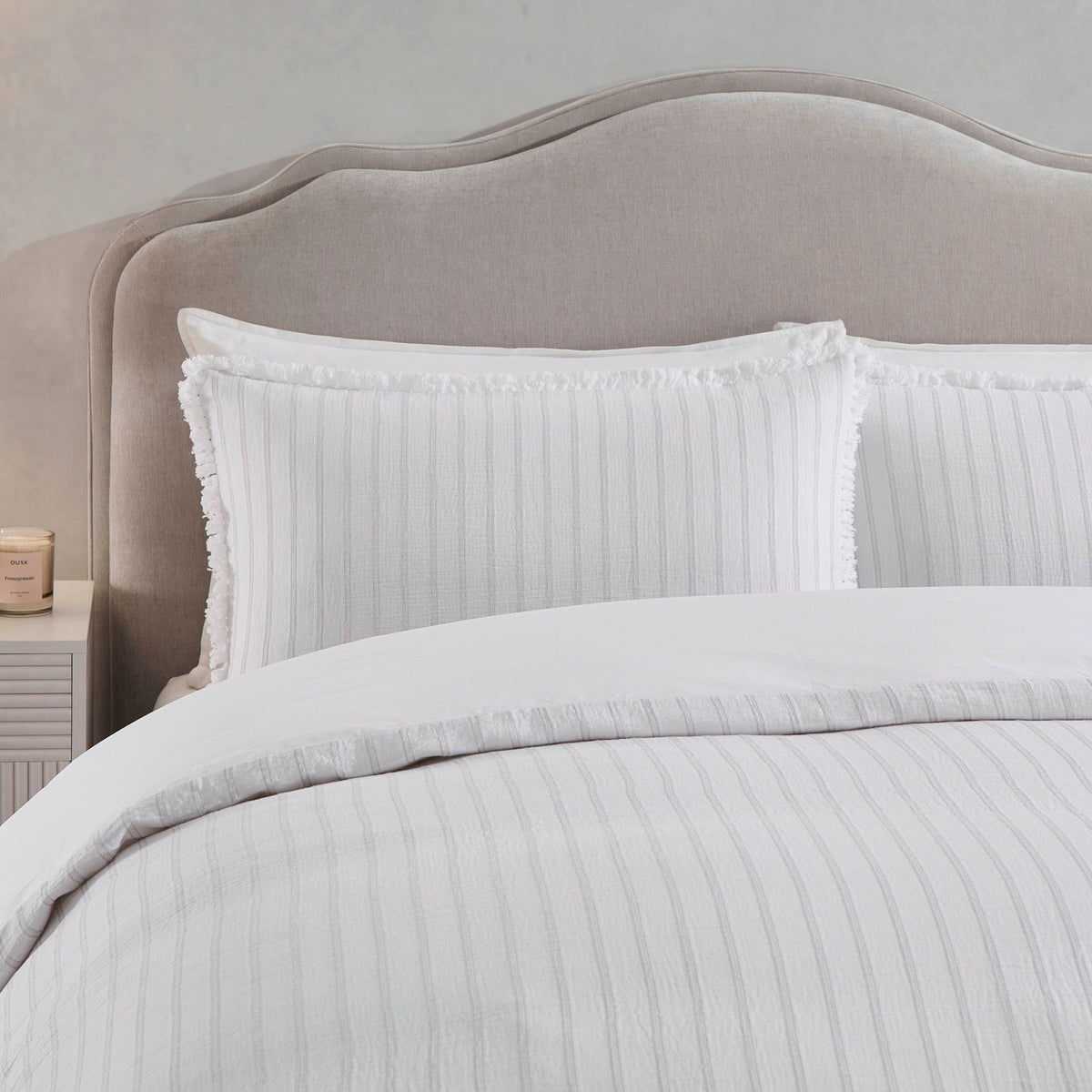 Saffi 200 Thread Count Stripe Frilled Egde Duvet Cover & Pillowcase Set - White/Grey - DUSK