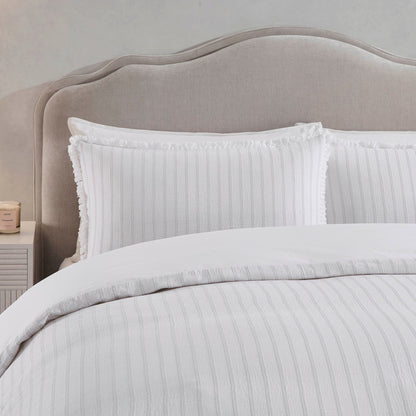 Saffi 200 Thread Count Stripe Frilled Egde Duvet Cover & Pillowcase Set - White/Grey - DUSK