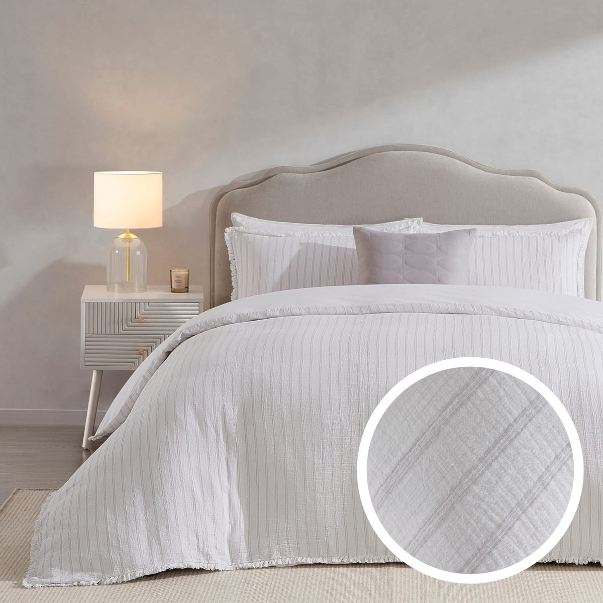 Saffi Stripe Jacquard 200 Thread Count Duvet Cover & Pillowcase Set - White/Grey - DUSK