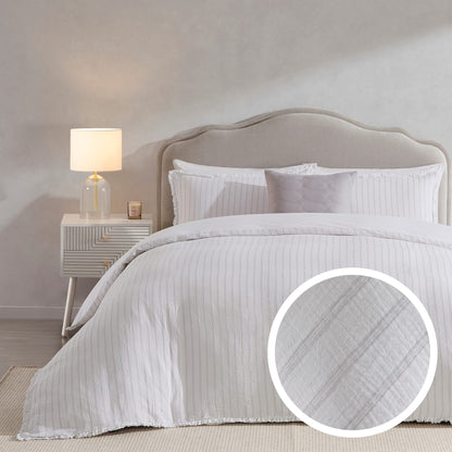 Saffi Stripe Jacquard 200 Thread Count Duvet Cover & Pillowcase Set - White/Grey - DUSK
