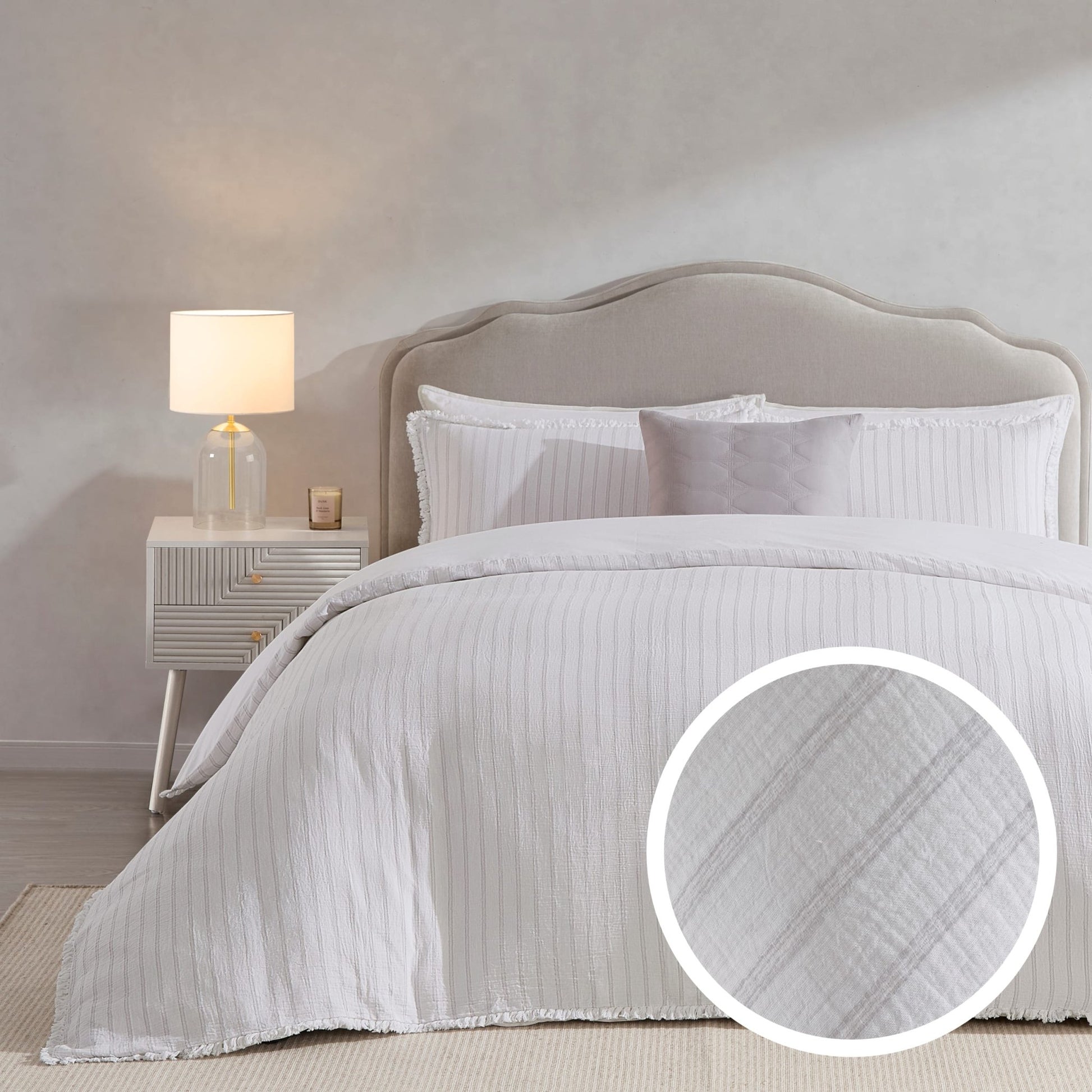 Saffi Stripe Jacquard 200 Thread Count Duvet Cover & Pillowcase Set - White/Grey - DUSK