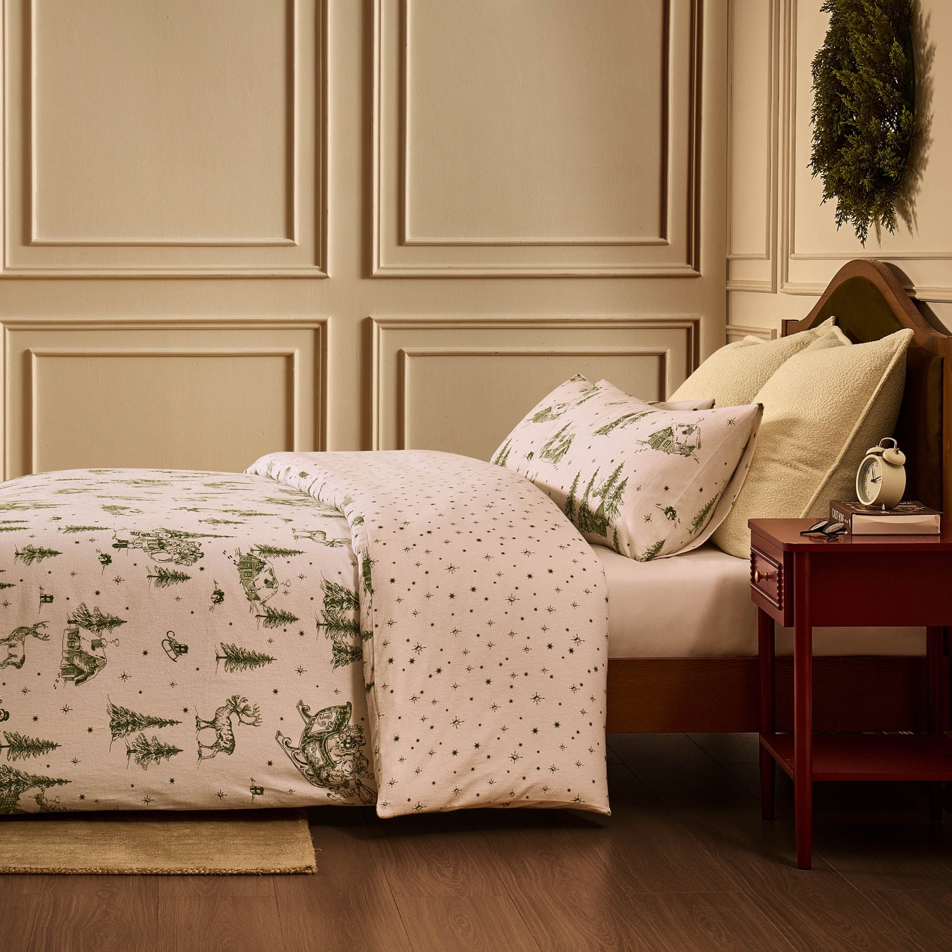 Santa Toile Brushed Cotton Duvet Cover & Pillowcase Set - Green - DUSK