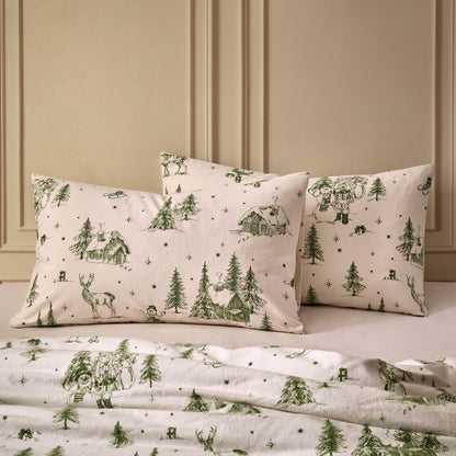 Santa Toile Brushed Cotton Duvet Cover & Pillowcase Set - Green - DUSK