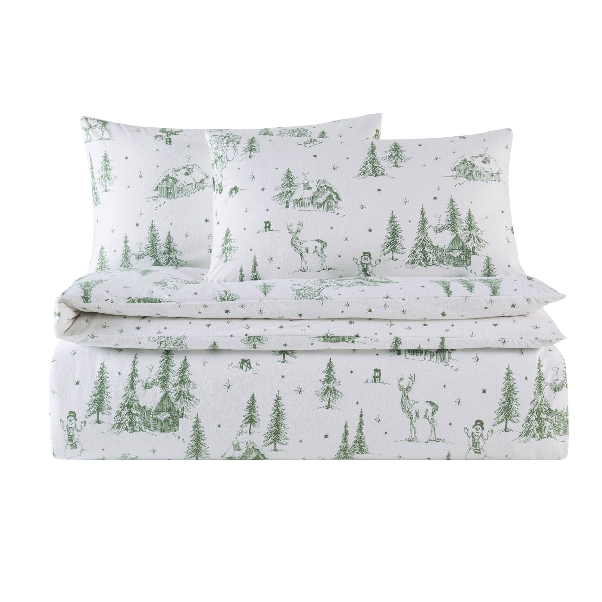 Santa Toile Brushed Cotton Duvet Cover & Pillowcase Set - Green - DUSK
