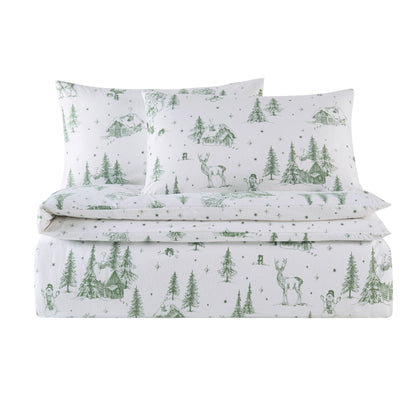 Santa Toile Brushed Cotton Duvet Cover & Pillowcase Set - Green - DUSK