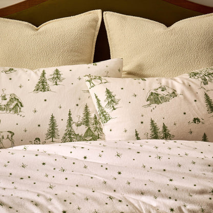 Santa Toile Brushed Cotton Duvet Cover & Pillowcase Set - Green - DUSK