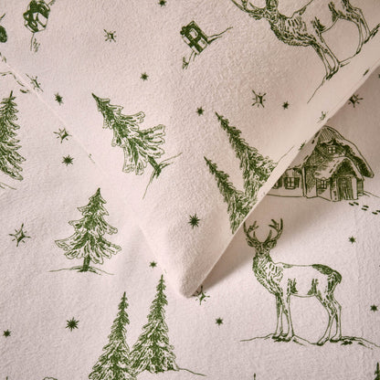 Santa Toile Brushed Cotton Duvet Cover & Pillowcase Set - Green - DUSK