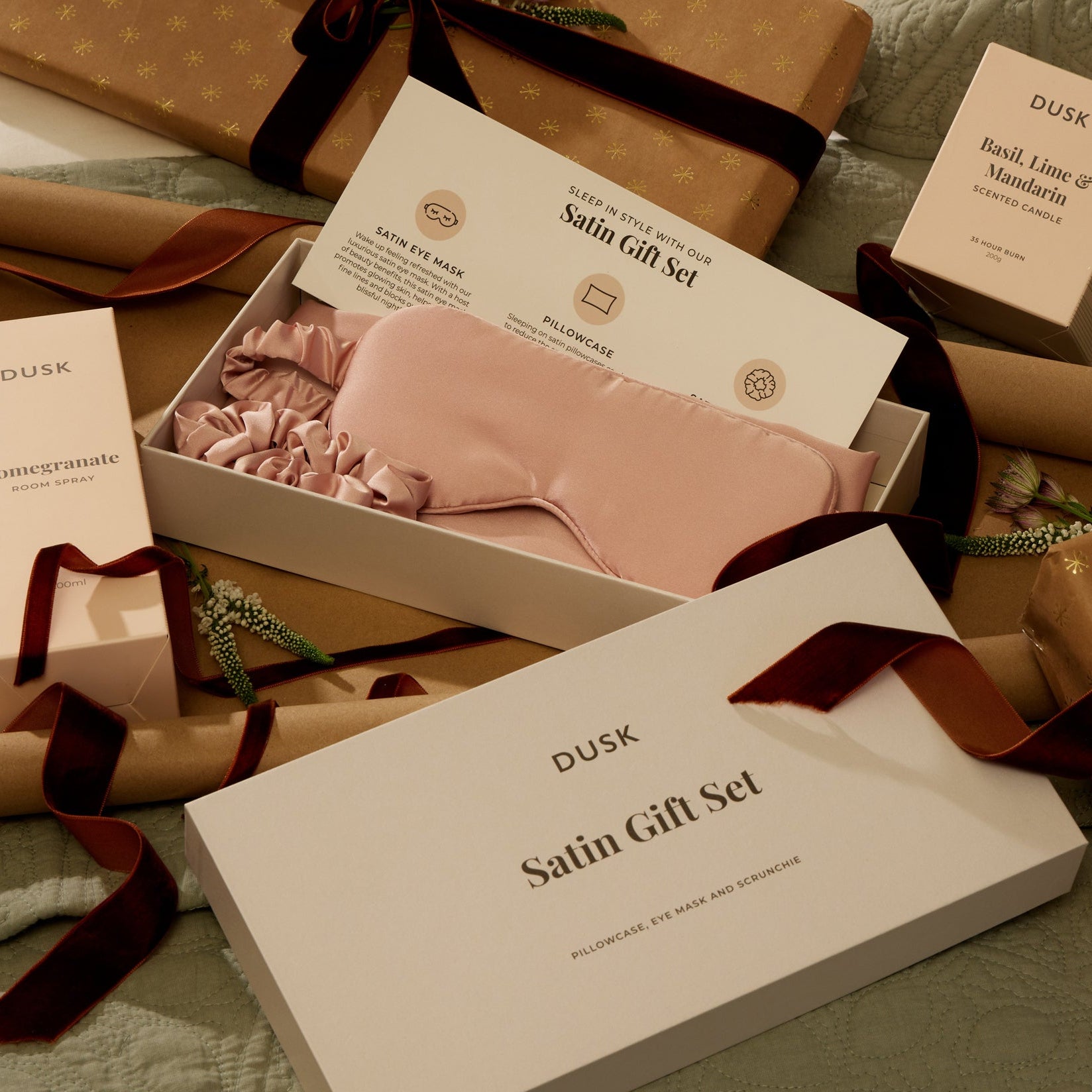 Satin Pillowcase, Eye Mask and Hair Tie Gift Set - Pink - DUSK