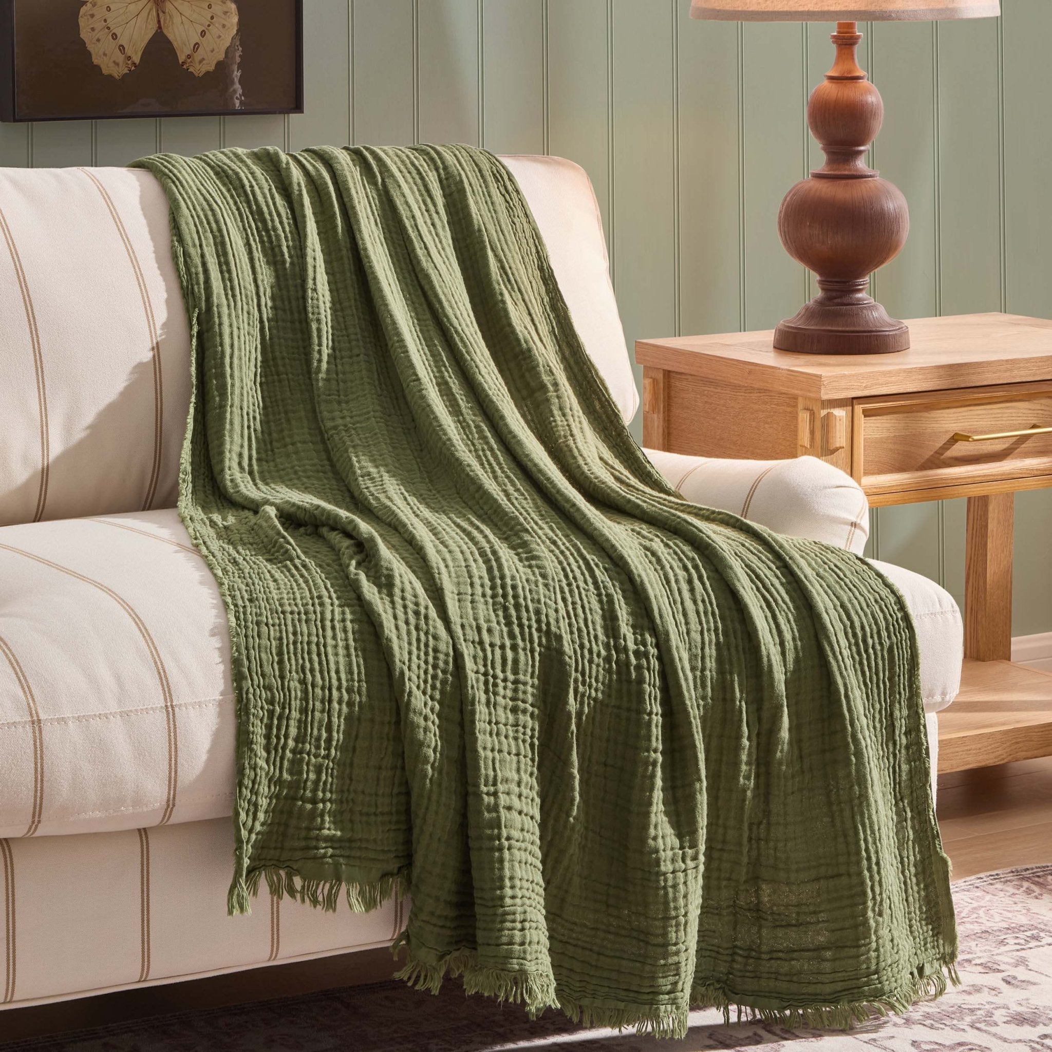 Savannah Four Layer Tufted Muslin Sofa Throw - Olive Green - DUSK