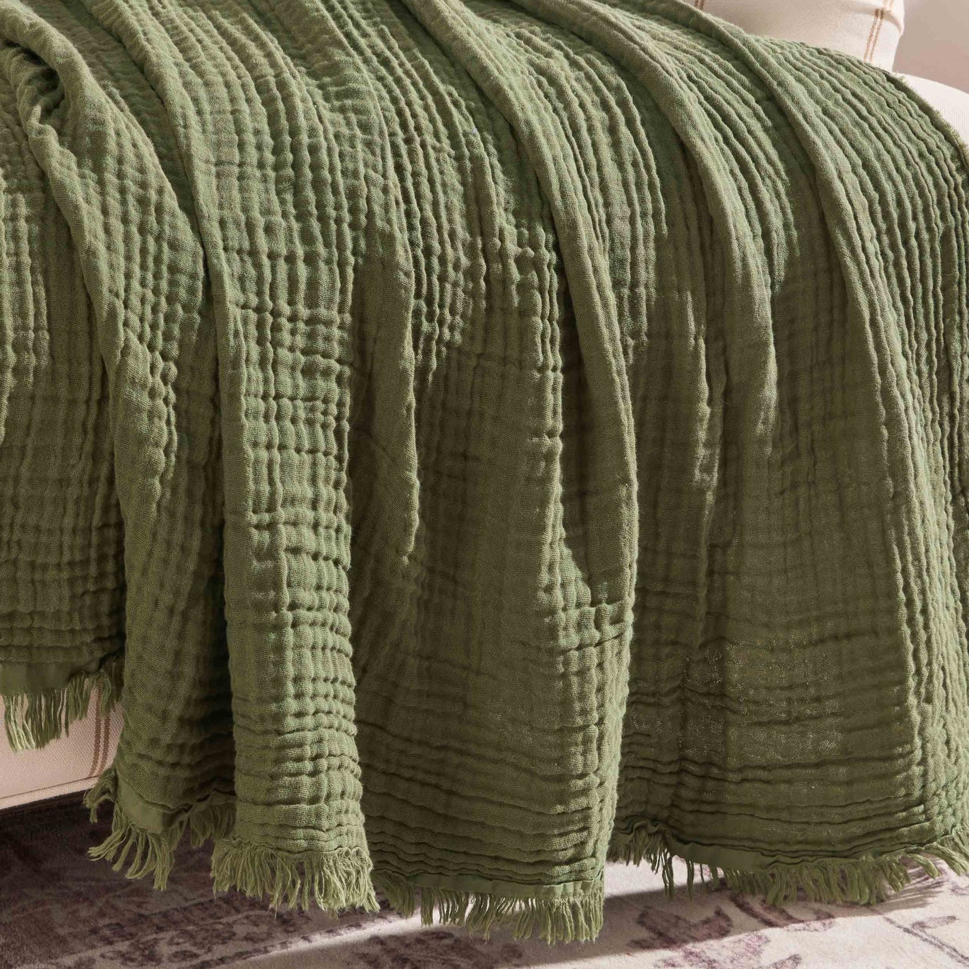 Savannah Four Layer Tufted Muslin Sofa Throw - Olive Green - DUSK
