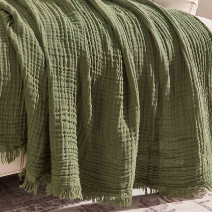 Savannah Four Layer Tufted Muslin Sofa Throw - Olive Green - DUSK