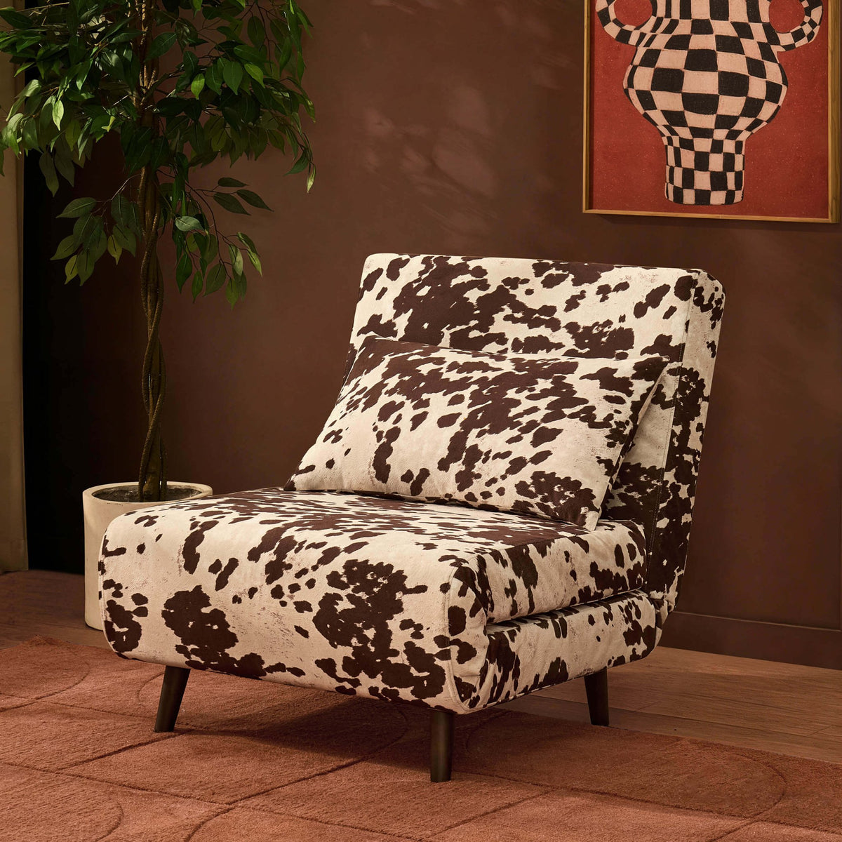 Seattle Single Click Clack Sofa Bed - Brown Cow Print - DUSK