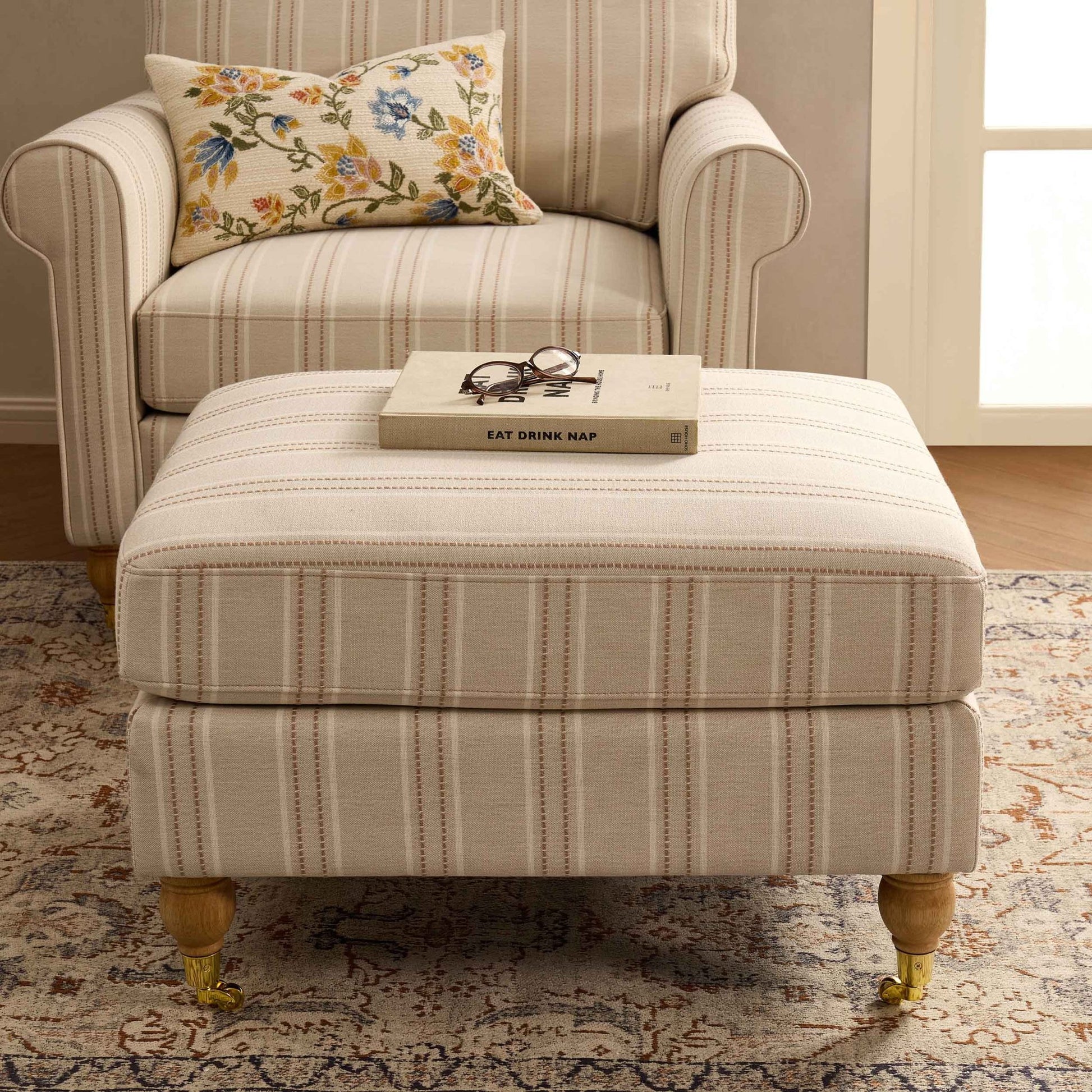 Sicily Pouffe - Natural Stitched Stripe - DUSK