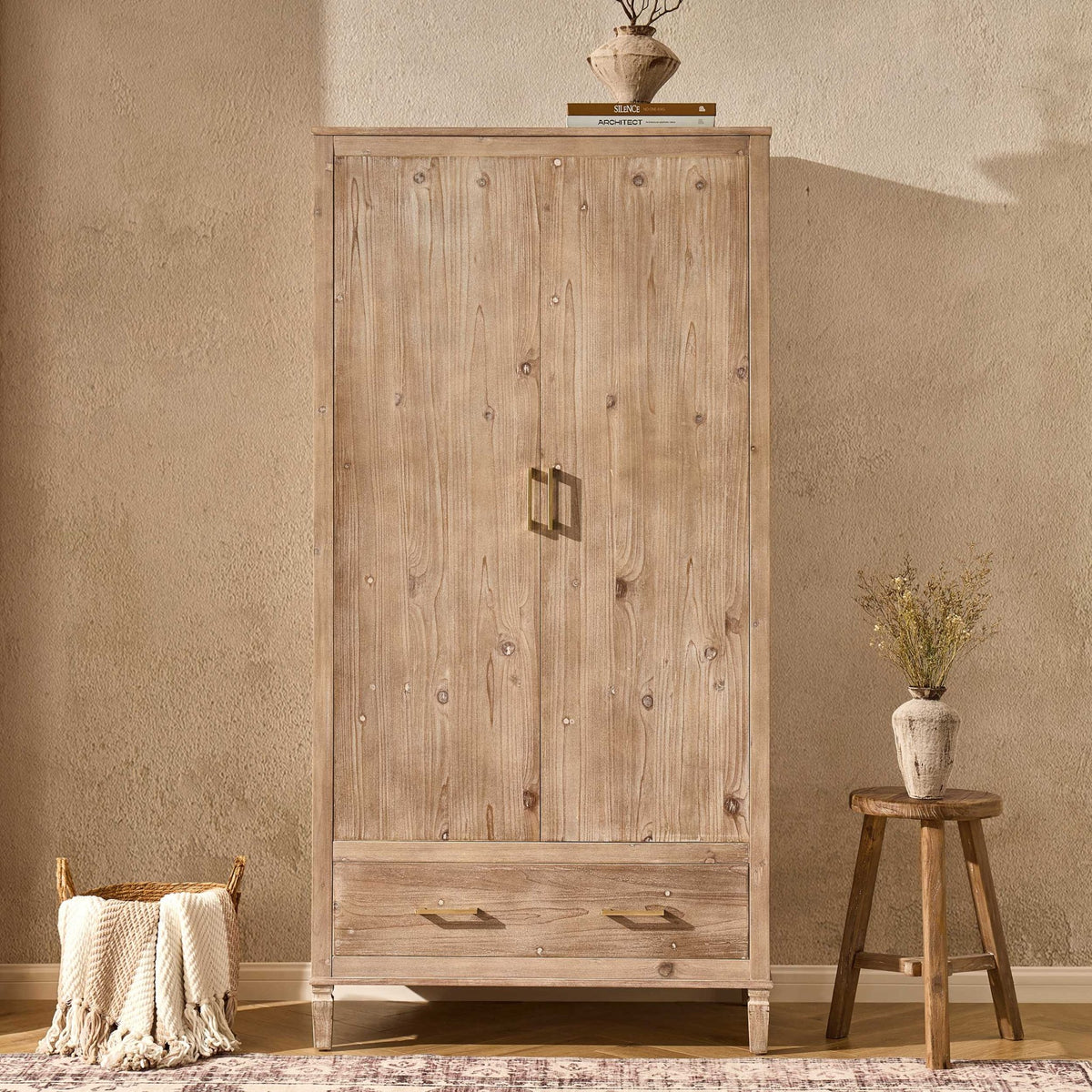 Sienna 2 Door Wardrobe with Drawers - Washed Wood - DUSK