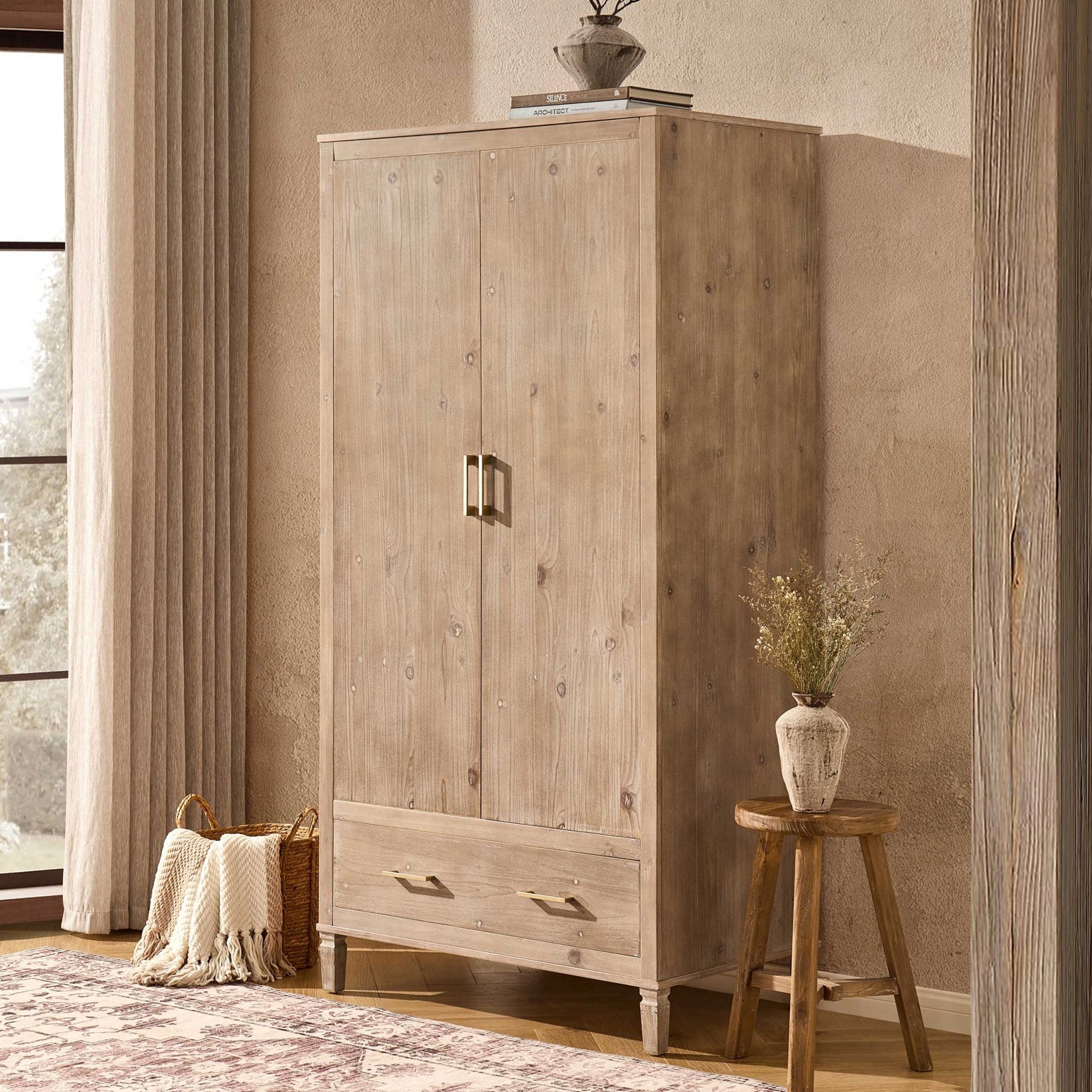 Sienna 2 Door Wardrobe with Drawers - Washed Wood - DUSK