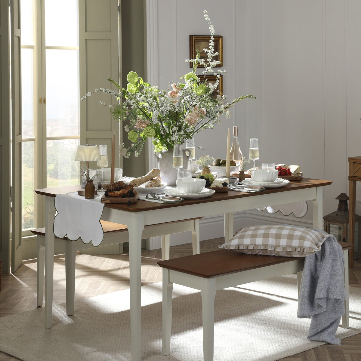 Simone Scallop Edge Table Runner - Off White/Olive - DUSK