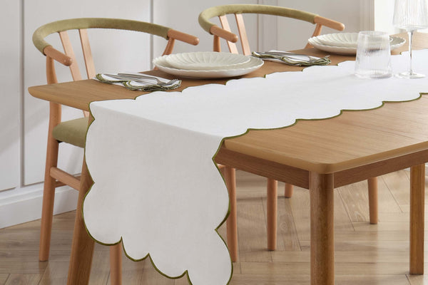 Simone Scallop Edge Table Runner - Off White/Olive - DUSK