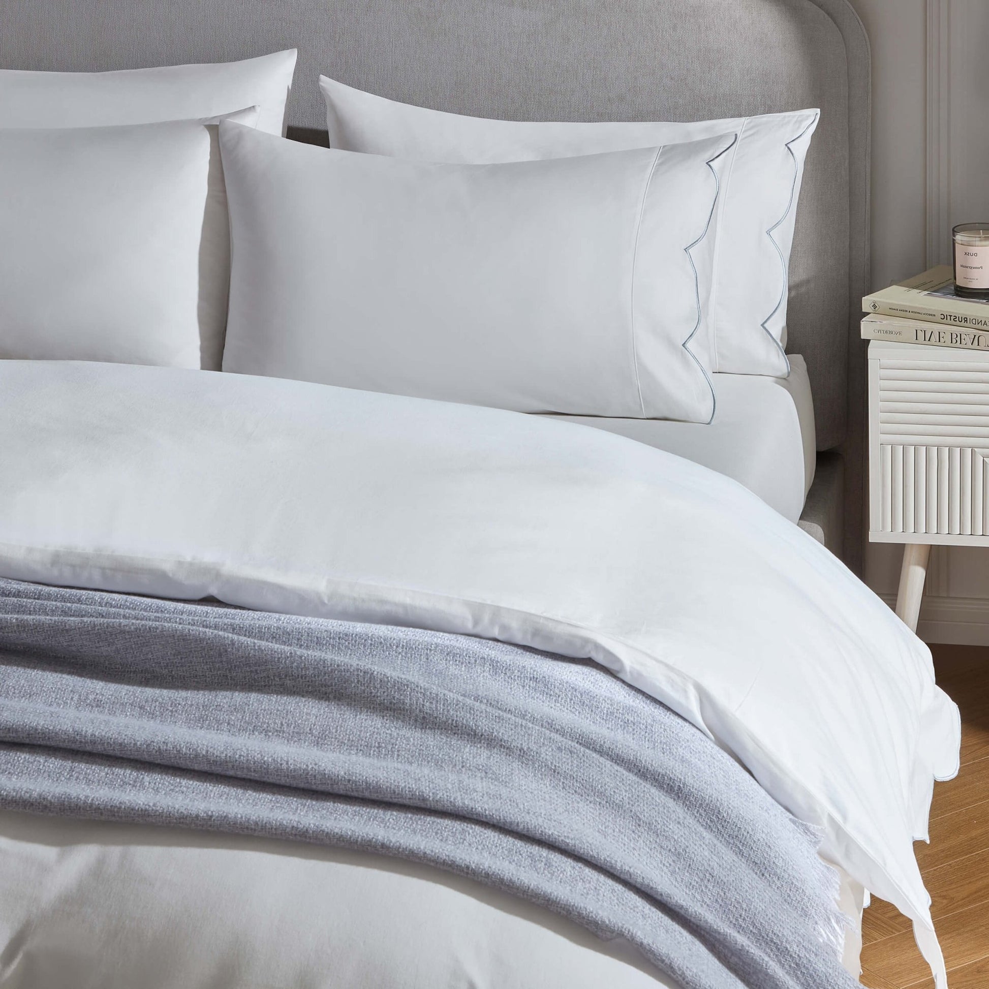 Simone Scallop Embroidered Edge Duvet Cover - White/Blue - DUSK