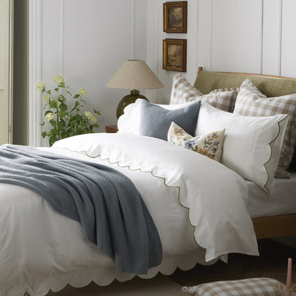 Simone Scallop Embroidered Edge Flat Sheet - Off White/Olive - DUSK