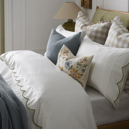 Simone Scallop Embroidered Edge Flat Sheet - Off White/Olive - DUSK