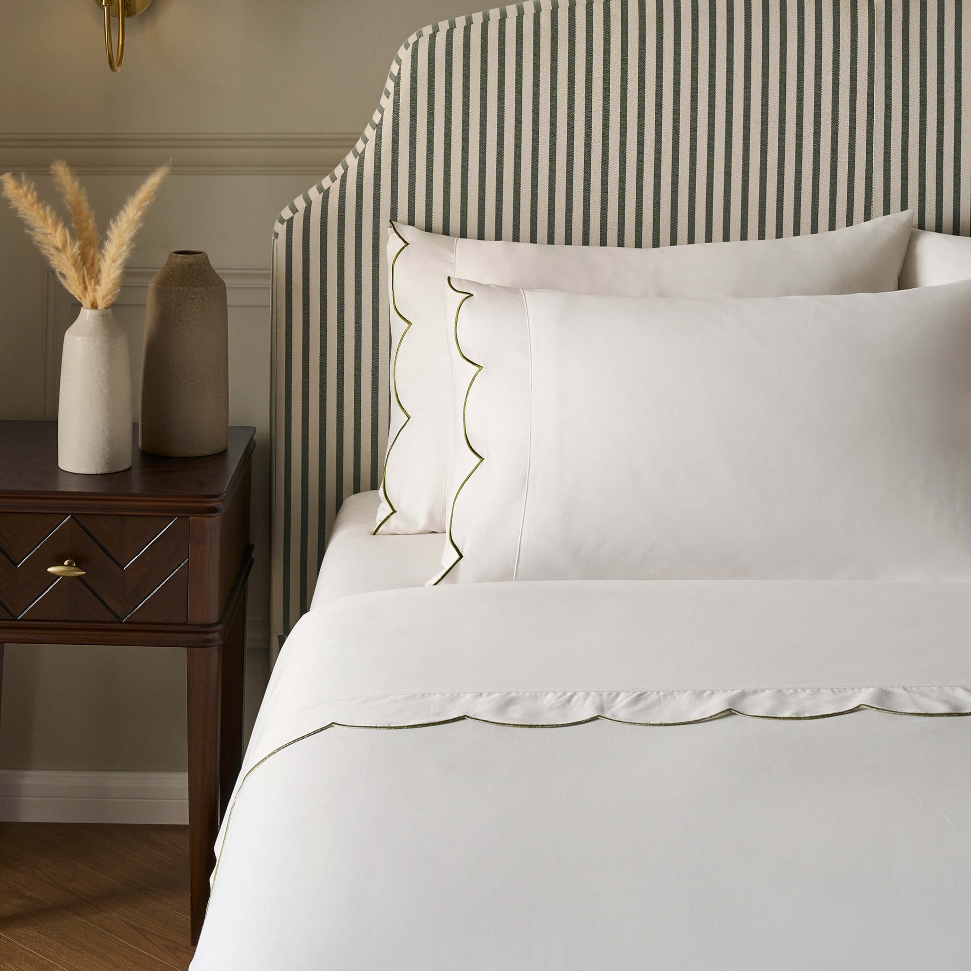 Simone Scallop Embroidered Edge Flat Sheet - Off White/Olive - DUSK
