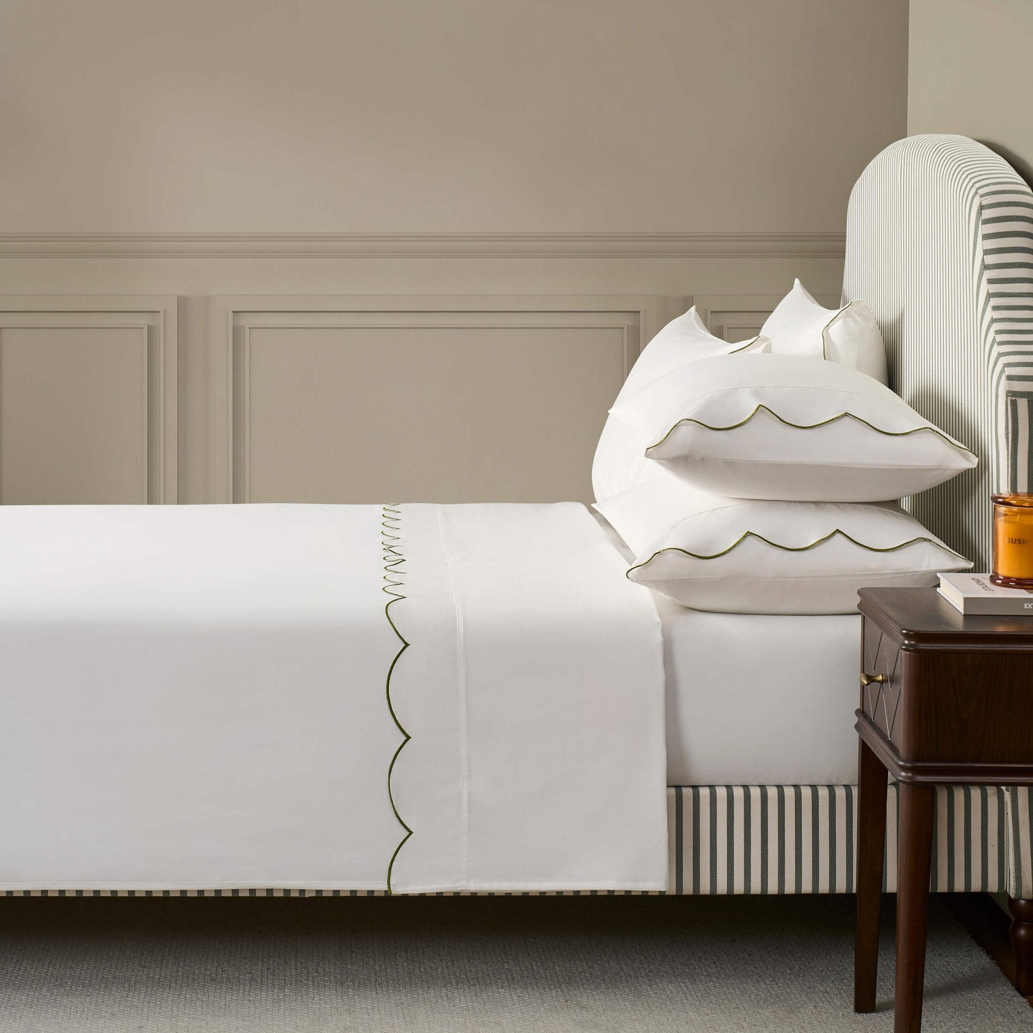 Simone Scallop Embroidered Edge Flat Sheet - Off White/Olive - DUSK
